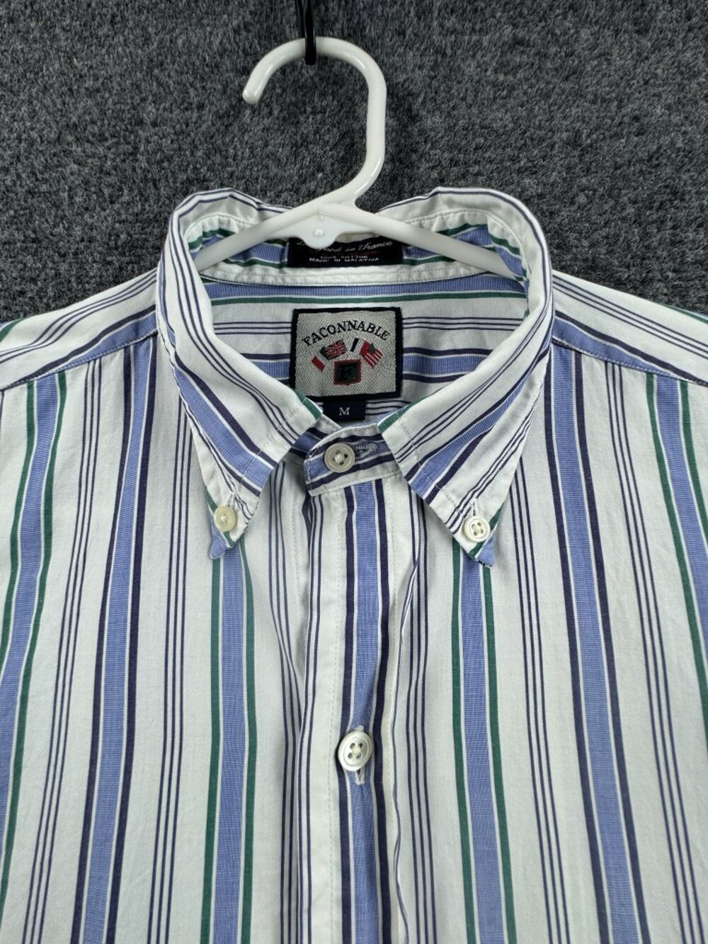 Faconnable Button-Down Mens Logo Cotton Short Sleeve White Blue Medium Striped